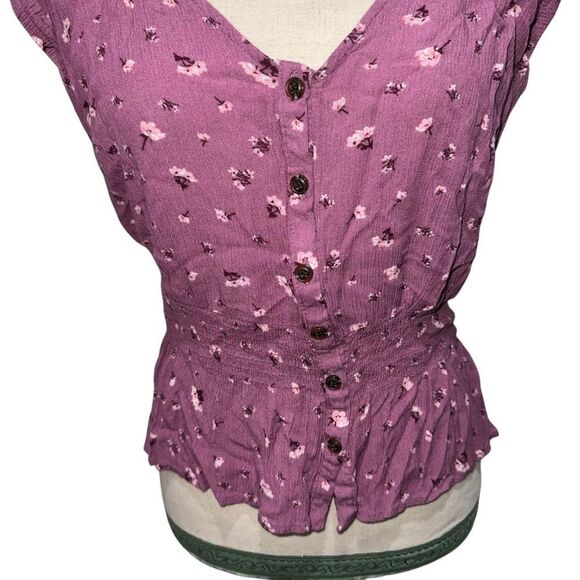 Moral Fiber Mauve Floral Short Sleeve V Neck Button Down Peplum Blouse size L - Picture 3 of 11